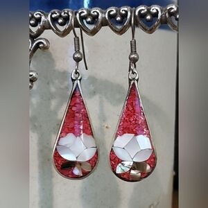 Vintage Red Abolone Teardrop Earrings